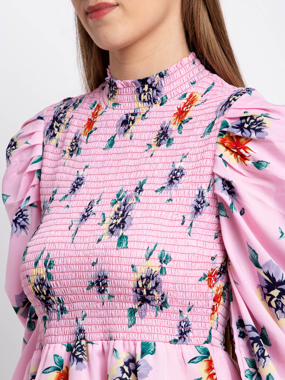 Emeros Smocked Bodice & Cuffs, Puff Sleeve Pastel Pink Peplum Top